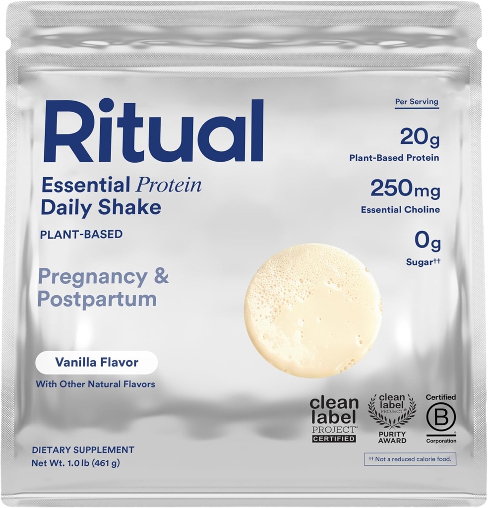 Polvo de proteína basada en plantas veganas prenatales rituales: Choline to Support Pregnancy, Postpartum, " Lactation, 20g Proteína de guisantes orgánicos de granjas regenerativas en EE.UU., Sugar Free†, Vanilla, 1 Lbs