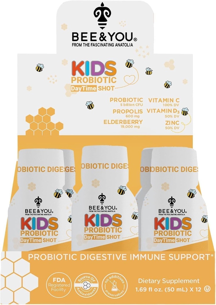 Bee and You Kids Propolis Immune Day Time Shot - Probiótico, Vitamina C, Vitamina D3, Zinc, Immune Support, Gut Health, Digestive Health, 1.69 Fl. oz, 12 Pack