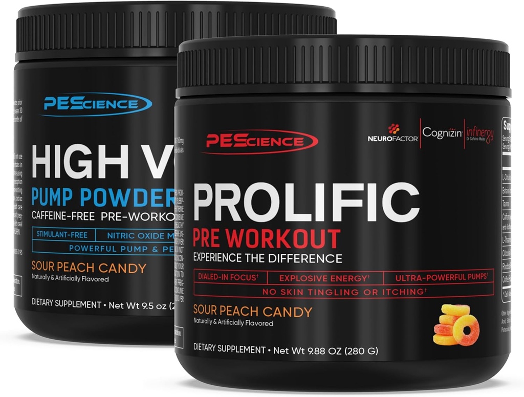 PEScience Pre Workout Stack – Prolific &amp; High Volume, Sour Peach Candy, Nitric Oxide Booster – 40 &amp; 36 Scoops, L Arginine Nitrate, L Citrulline, Pre Workout Powder para Hombres &amp; Mujeres