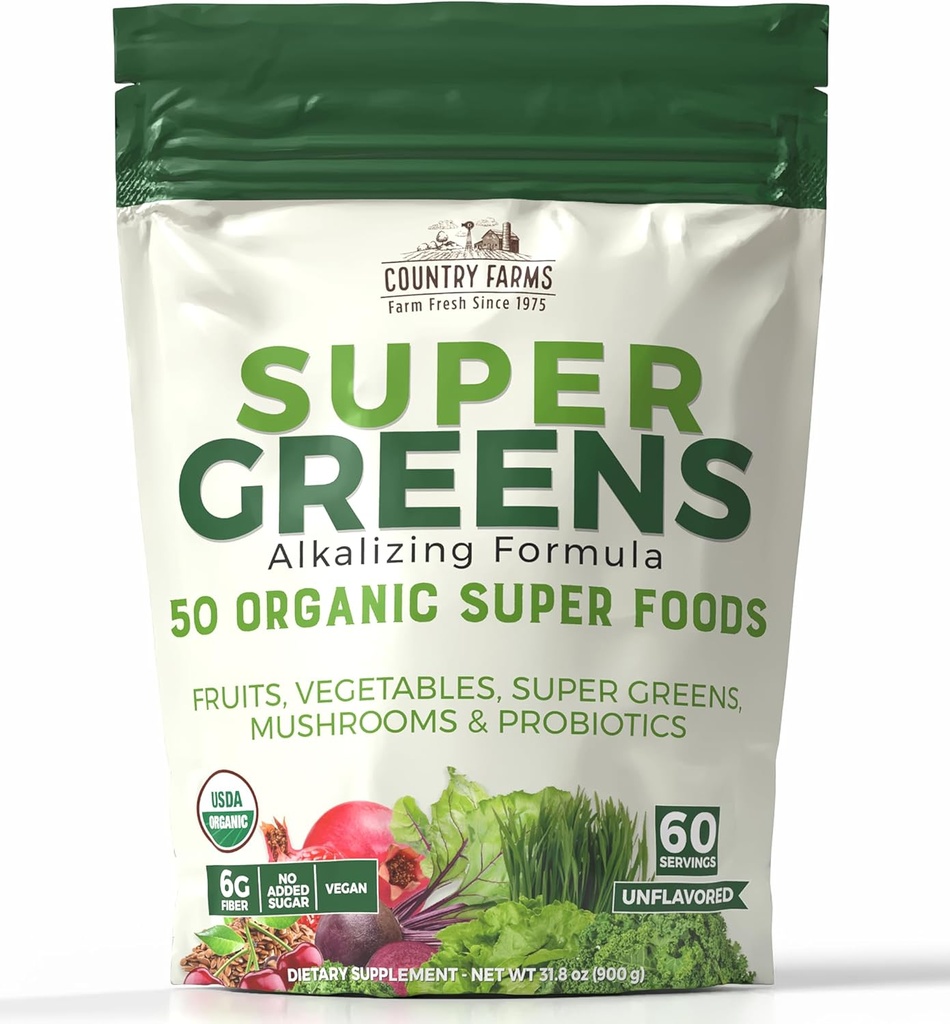 Super Greens Natural Flavor, 50 Ecológicos Super Foods, USDA Organic Drink Mix, Fruits, Vegetables, Super Greens, con Fiber, Mushrooms & Probiotics, Supports Energy, 60 Servings, 900g