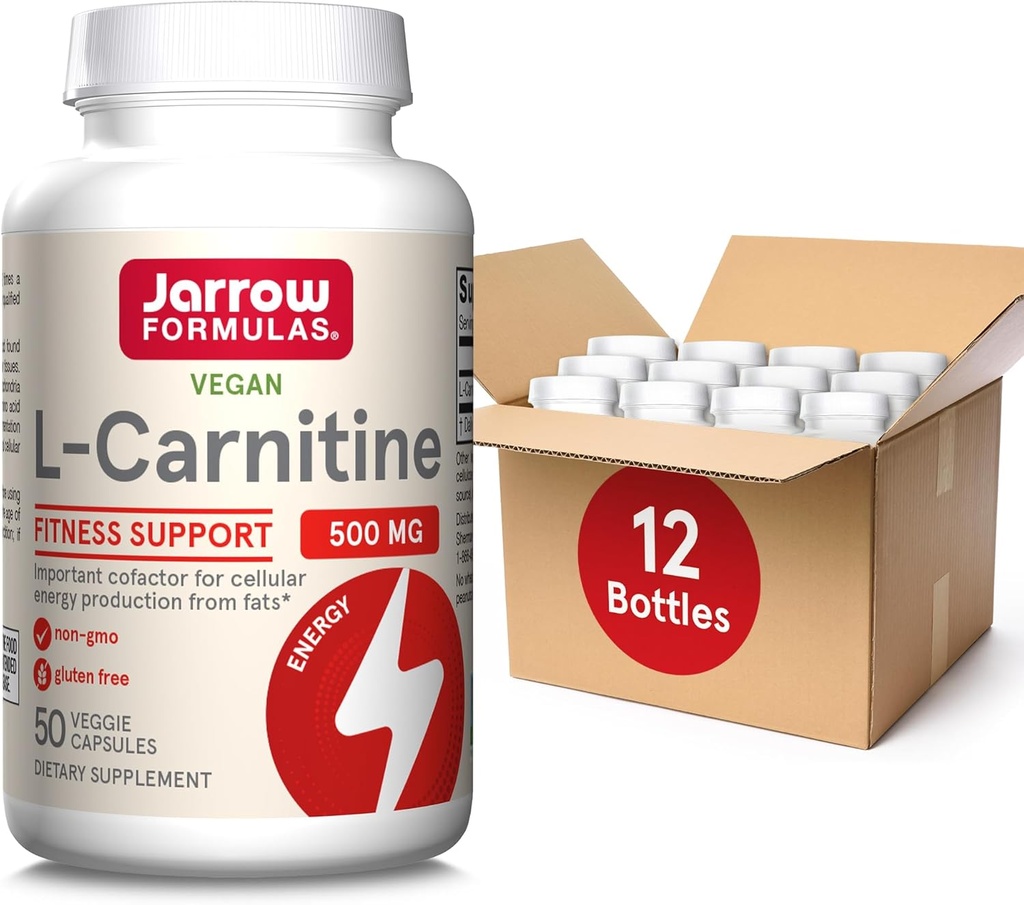 Jarrow Formulas L-Carnitine 500 mg, Dietary Supplement, Support for Cellular Energy Production, 50 Veggie Capsules, 50 Day Supply Daily (Pack of 12)