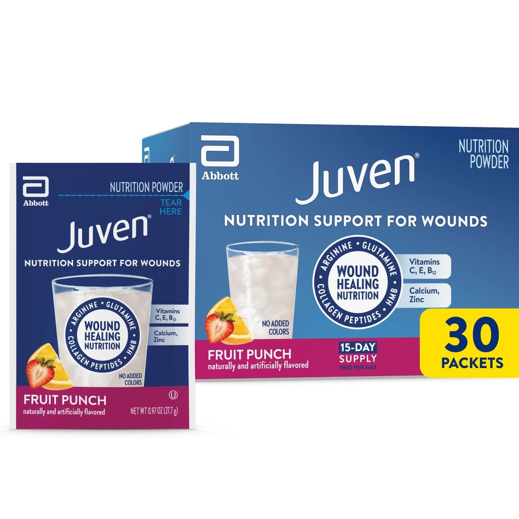 Juven Therapeutic Nutrition Drink Powder Incluido Peptides Collagen, Amino Acids, y HMB Para el soporte de curación de heridas, Fruit Punch, 30 Packets