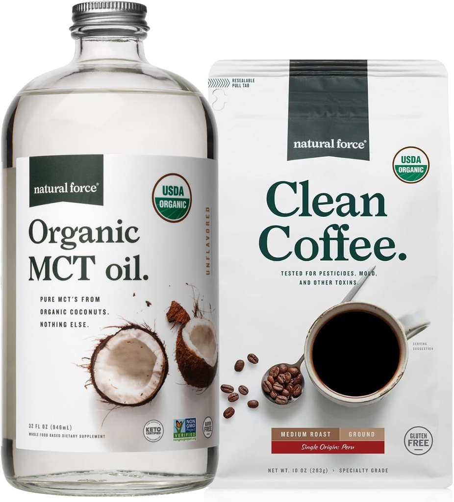 Natural Force Organic Ground Clean Coffee + Organic MCT Oil Bundle – 100% Pure Coconut MCTs & Mold & Mycotoxin Free Coffee – Non-GMO, Keto, Paleo y Vegan - 10 Oz Bag y 32 Oz Glass Bottle