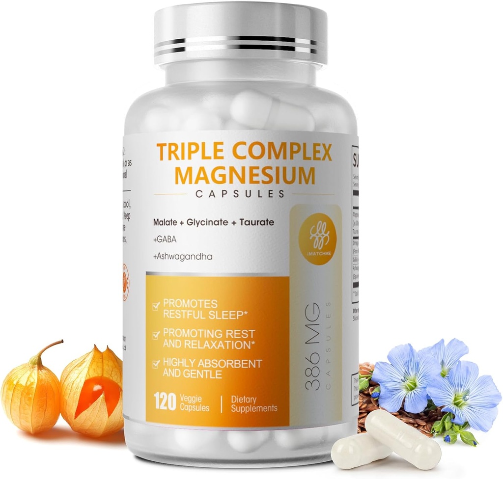 Complejo de magnesio triple - Magnesium Glycinate, Taurate & Malate Suplemento con Omega3, Ashwagandha, GABA para el sueño, cerebro corazón &amp; apoyo muscular - alta absorción y gentil, Vegan, 120 cápsulas