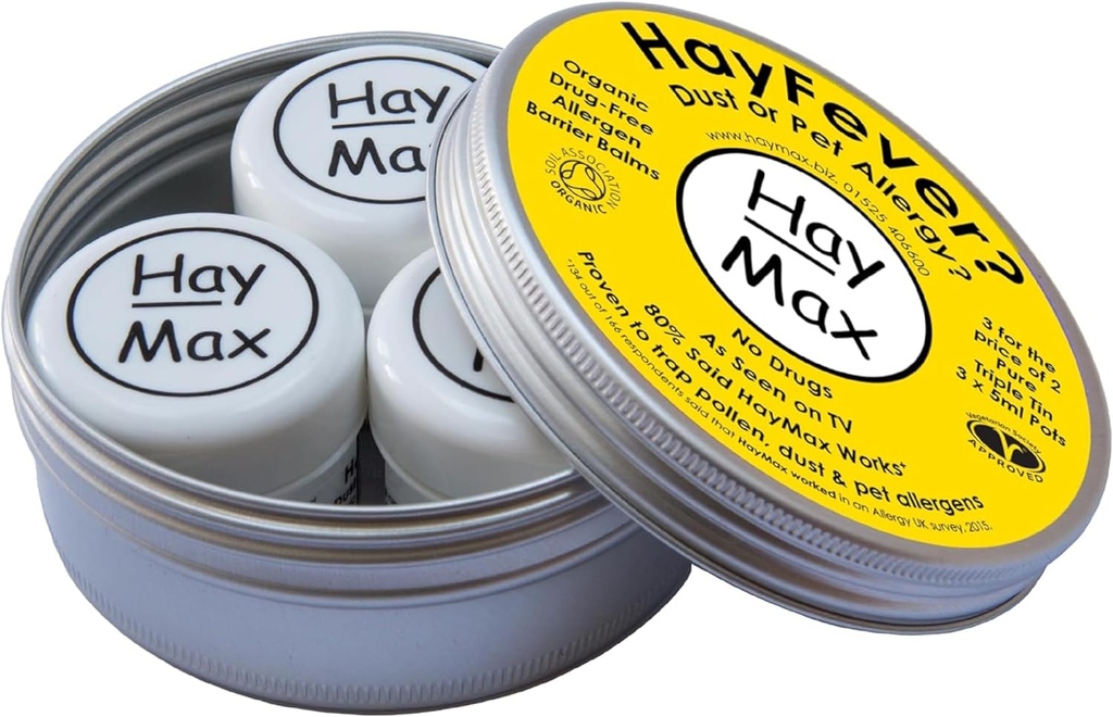 HayMax Allergen Barrier Balm Triple Tin Pure - Pack of 3 - Organic, Natural &amp; Non-Drowsy Hay Fever & Alergy Relief Balm - Traps Pollen, Dust & Other Allergen Particles - Apply Around The Nose & Eyes