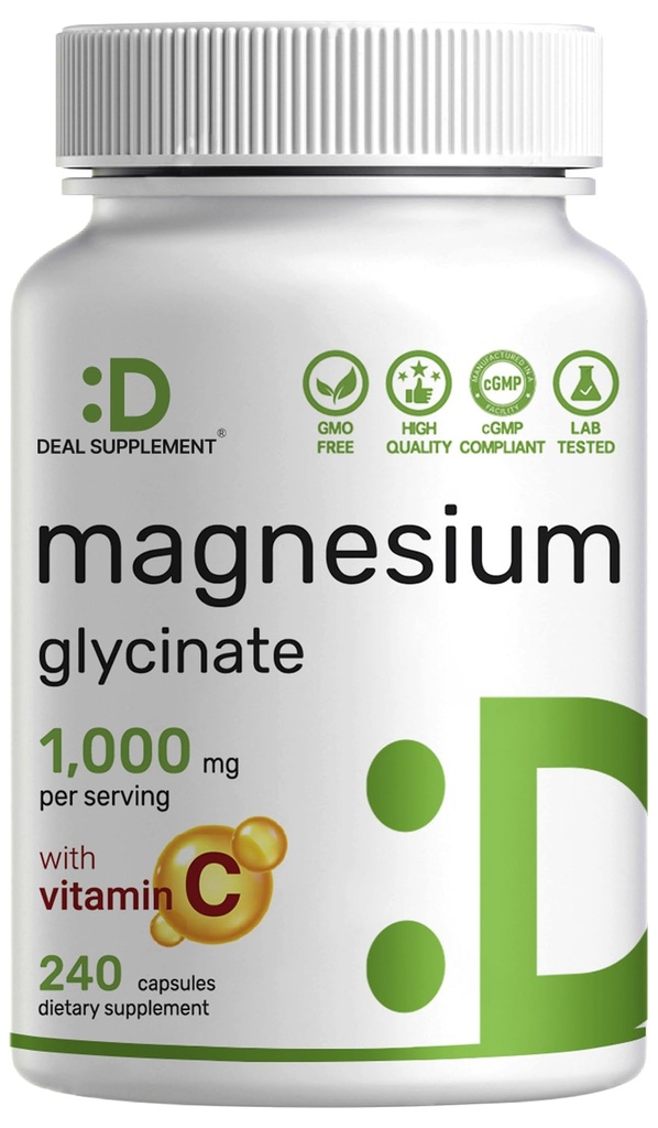 Magnesium Glycinate 500mg Por Capsule (1000mg Por Serving) Plus Vitamina C, 240 cápsulas – 100% Chelated for Easy Absorption – Essential Mineral Supplement