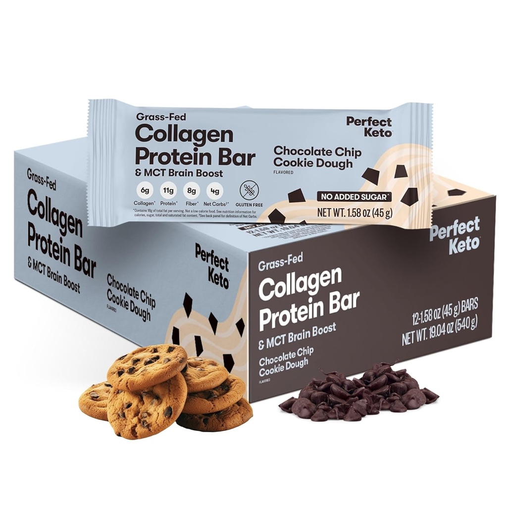 Perfect Collagen Protein Bares, Gluten Free Grass Fed Collagen + MCT Aceite, Bajo Carb, No Sugar Añadido, Alta Proteína Snacks, Keto Diet Foods, 11g Protein, 18g Fat, 3g Net Carbs, Chocolate Chip, 12 Bares