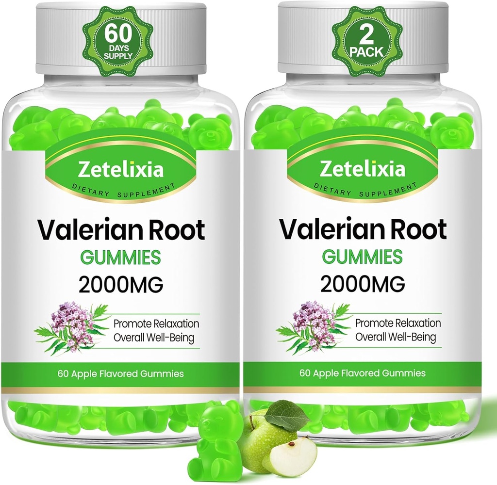 2 Pack Organic Valerian Root Gummies, Herbal Supplement for Relaxation & Mood Support, Sleep Gummies Without Melatonin for Adults, Vegan, Non-GMO, Apple Flavor, 120 Count