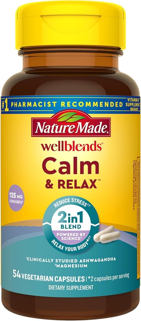 Nature Made Wellblends Calm " Relax, Ashwagandha 125mg, Magnesium 300 mg, 54 cápsulas vegetarianas