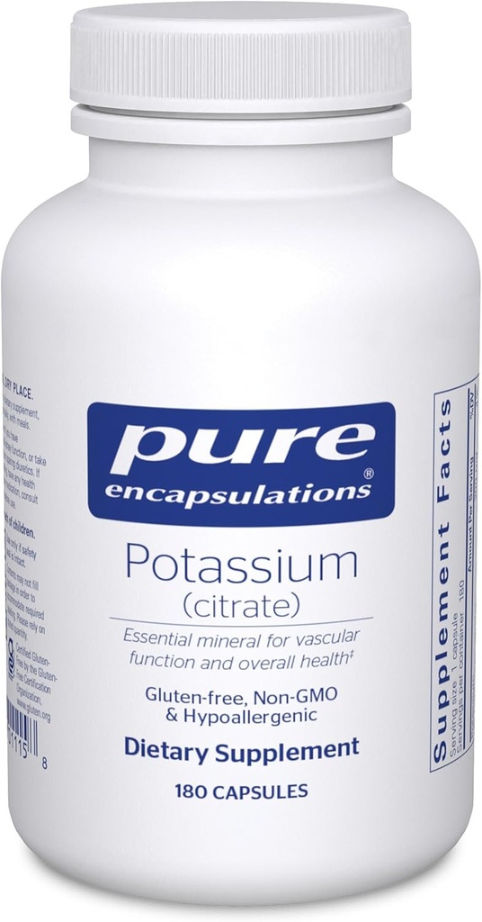 Pure Encapsulations Potassium (Citrate) - Essential Electrolyte Supplement to Support Nerve &amp; Muscle Function, Adrenals, Hormones, Heart Health & Energy* - Potassium Citrate Capsule - 180 Capsules