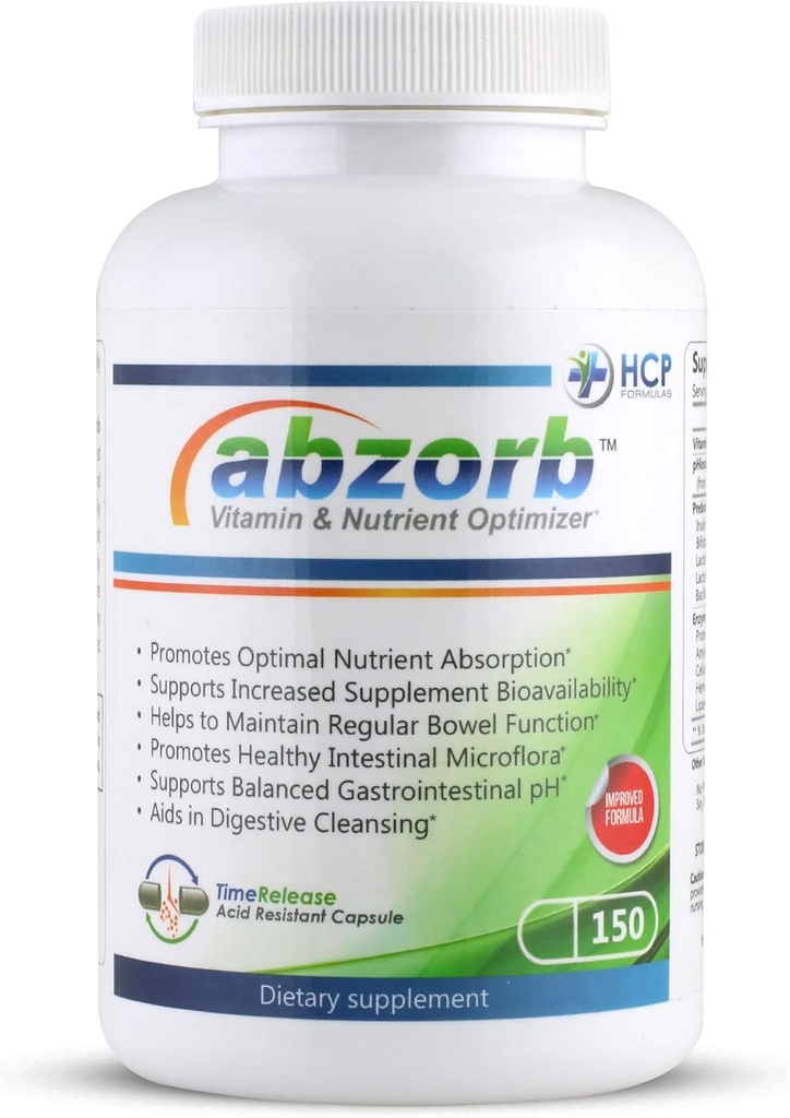 Abzorb - Optimizador de vitaminas y nutrientes - Enzimas digestivas, probióticos, Complejo de óxido de magnesio - Balance Flora intestinal - Gut Health & Bowel Soporte - Suplemento dietético - 150 caps