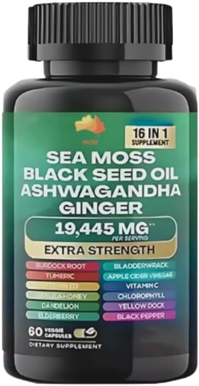 Muse Sea Moss, Black Seed Oil, Ashwagandha, Ginger, Shilajit, Elderberry, Chlorophyll, Turmeric, Bladderwrack, Advanced Strength Gummies, 19,445mg, All-in-1 Bundle, 60 Conde, Made in USA