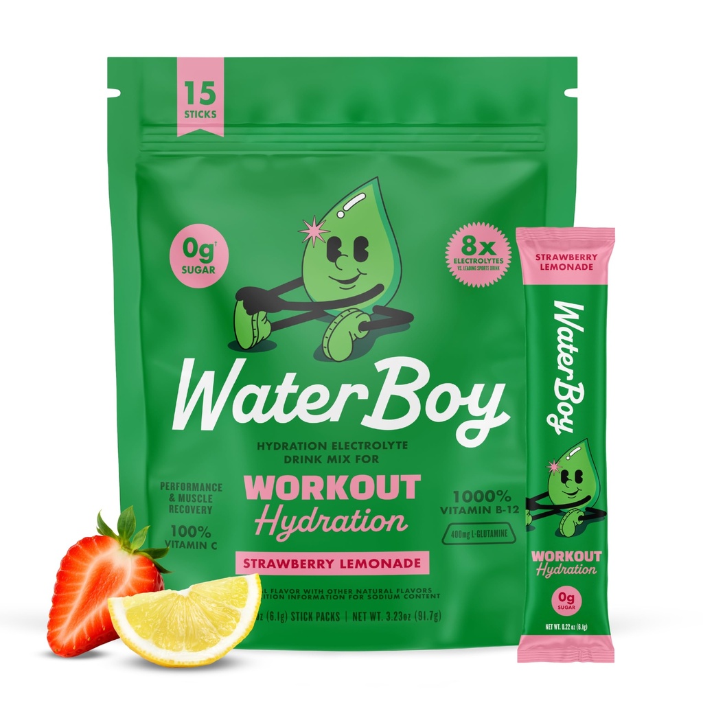 Waterboy Workout Hydration | 2,960mg Sugar Free Electrolyte Powder Packets | L-Glutamine + Vitamins | No Sugar, All Natural, Gluten Free | 15 Drink Stick Mixes (Strawberry Lemonade)
