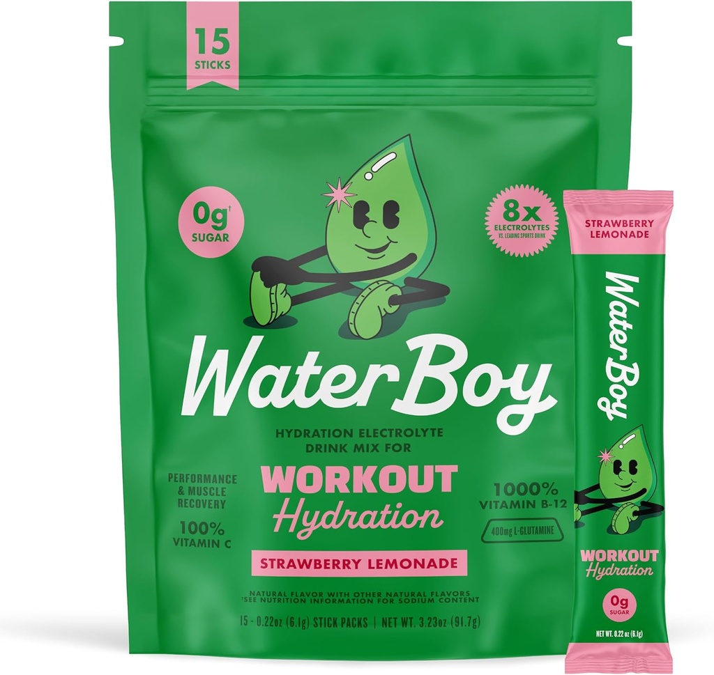 Waterboy Workout Hydration ← 2,960mg Sugar Free Electrolyte Powder Packets ← L-Glutamine + Vitaminas ← No Sugar, All Natural, Gluten Free ← 15 Bebidas Stick Mixes (Strawberry Lemonade)