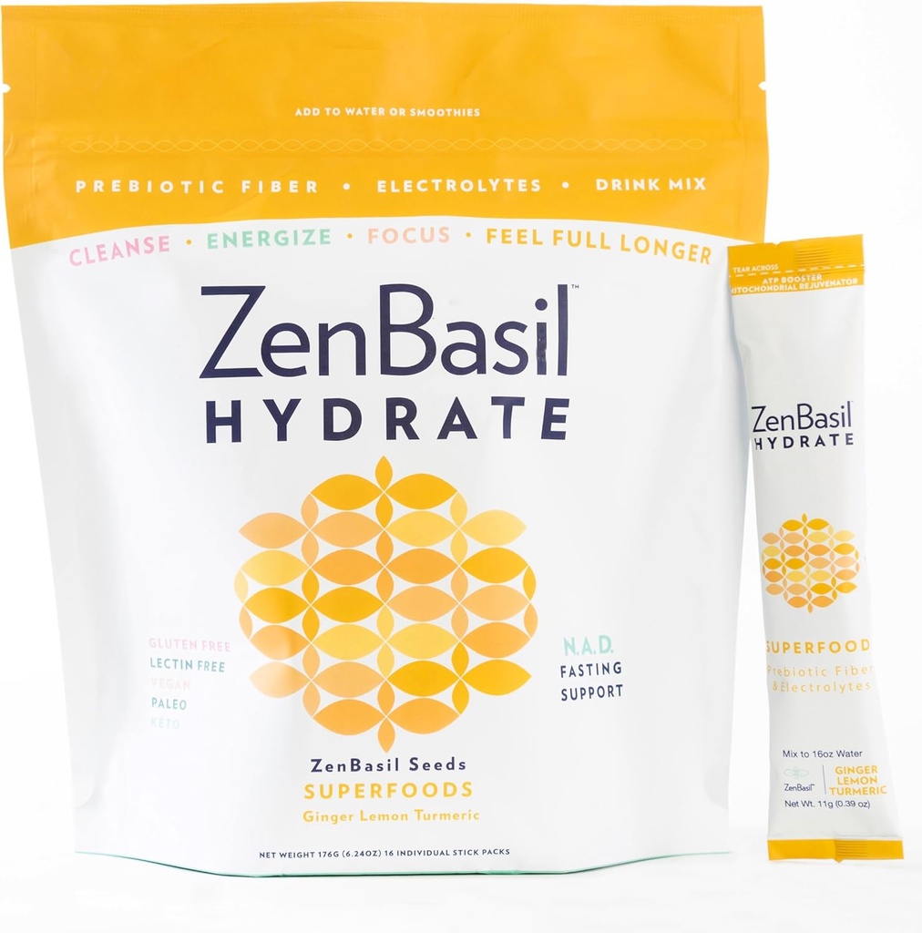 Zen Basil Hydrate - Ginger Lemon Turmeric ← Electrolyte Hydration Powder Packets ← Fasting Support ← Sugar Free, Keto, Paleo TEN 16 Sticks TEN Cellular Hydration