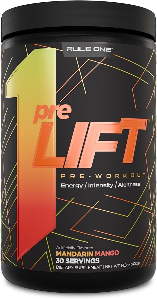 Regla 1 preLIFT Pre-Workout - 6g Citrulline, 3.2g Beta Alanine, 3 Fuentes de Caffeine + 20 Otros para Energía, Alerta, Resistencia (30 Servimientos, Mandarin Mango)