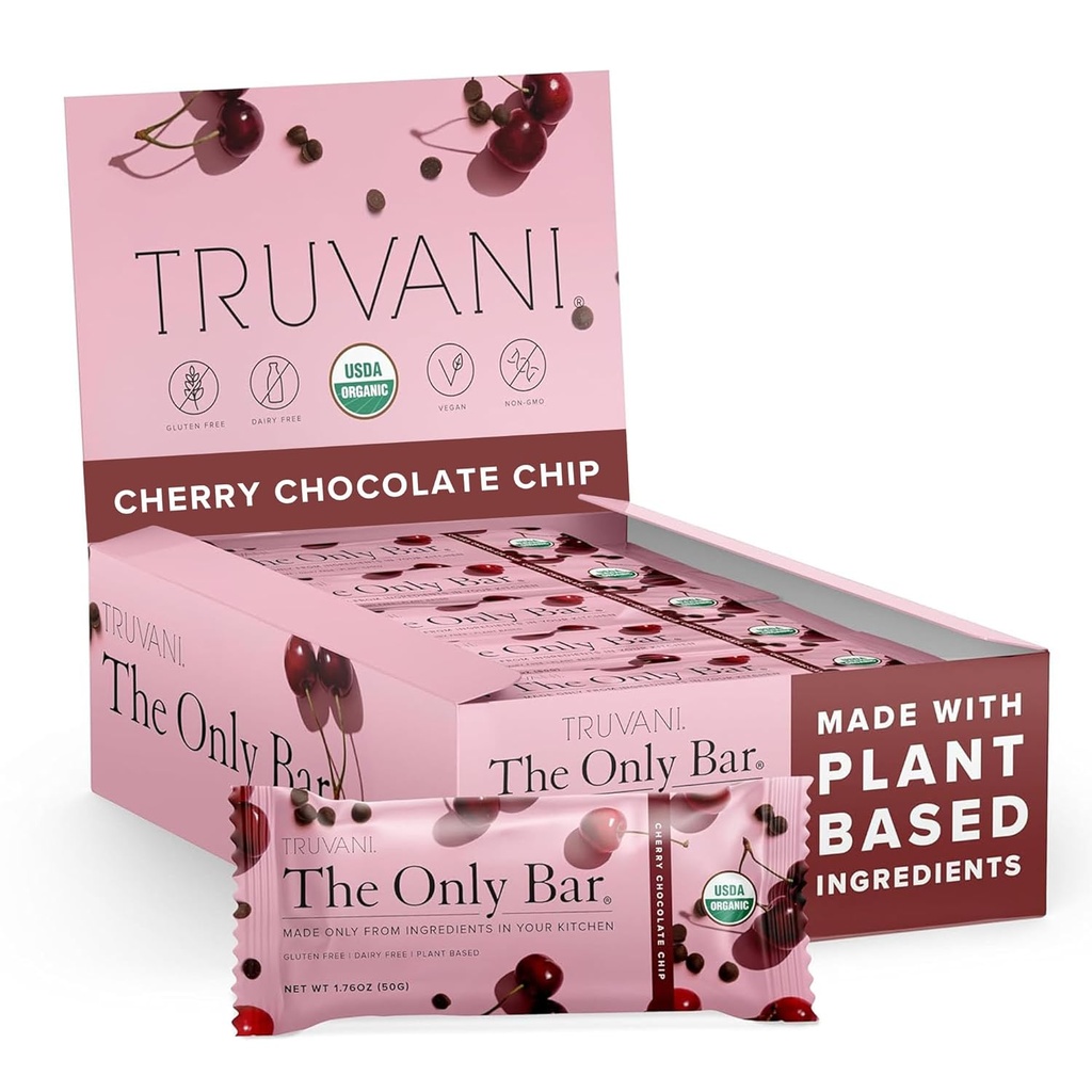 Truvani Plant Based Snack Bares ← Cherry Chocolate Chip 12 Pack TENIDO 5g Protein TEN USDA Orgánica y Vegan TENIDO El Único Bar ANTERIENTE Dairy, Soy y Gluten Gratis TENIDO