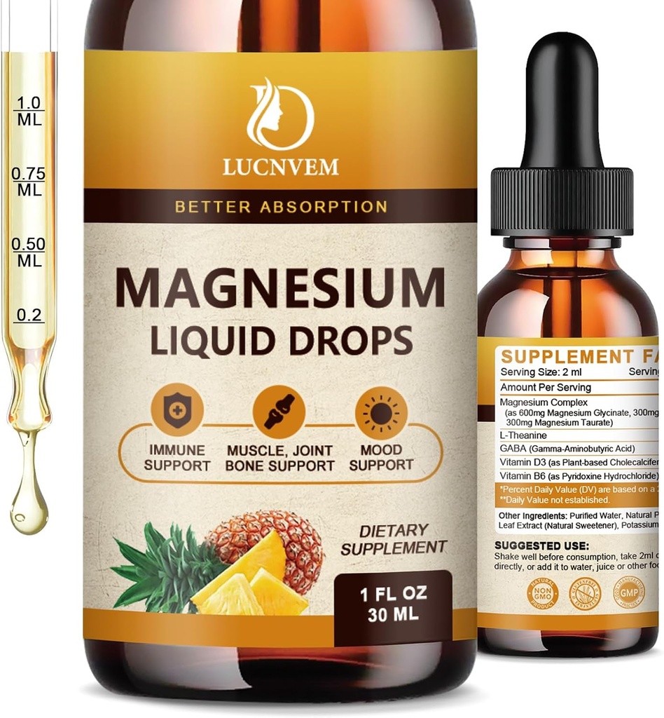 (2 Pack) Magnesium Glycinate Liquid Drops with Citrate and Taurate, High Absorption Magnesium Complex 1200mg with GABA, L-theanine, D3 and B6 for Calm, Sleep, Relax - Pineapple Flavor 2 Fl Oz