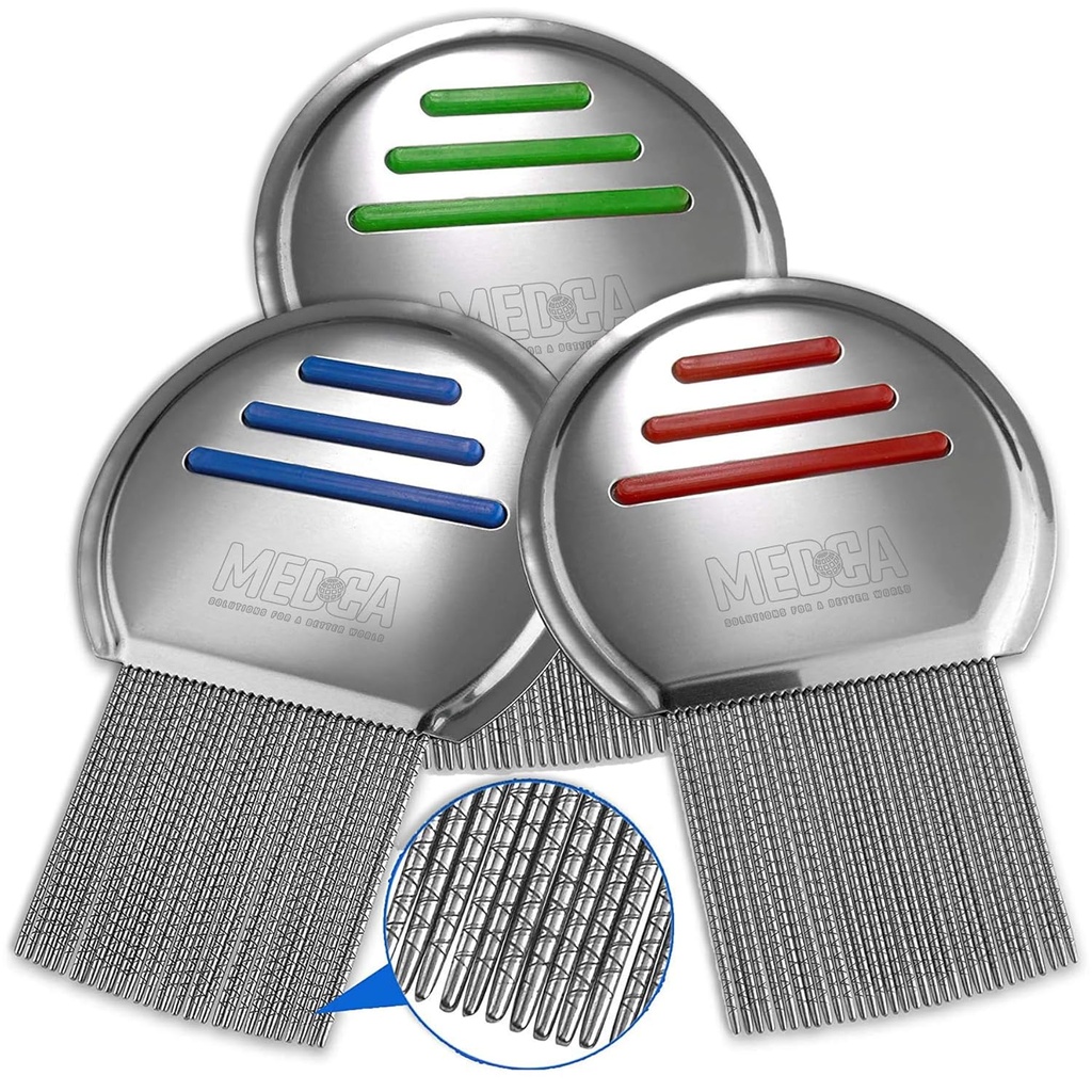 Lice Comb - (Pack of 3) Tratamiento de ratones de cabeza que es individualmente empaquetado de acero inoxidable profesional y peines de nit elimina los huevos con consejos redondeados para el confort