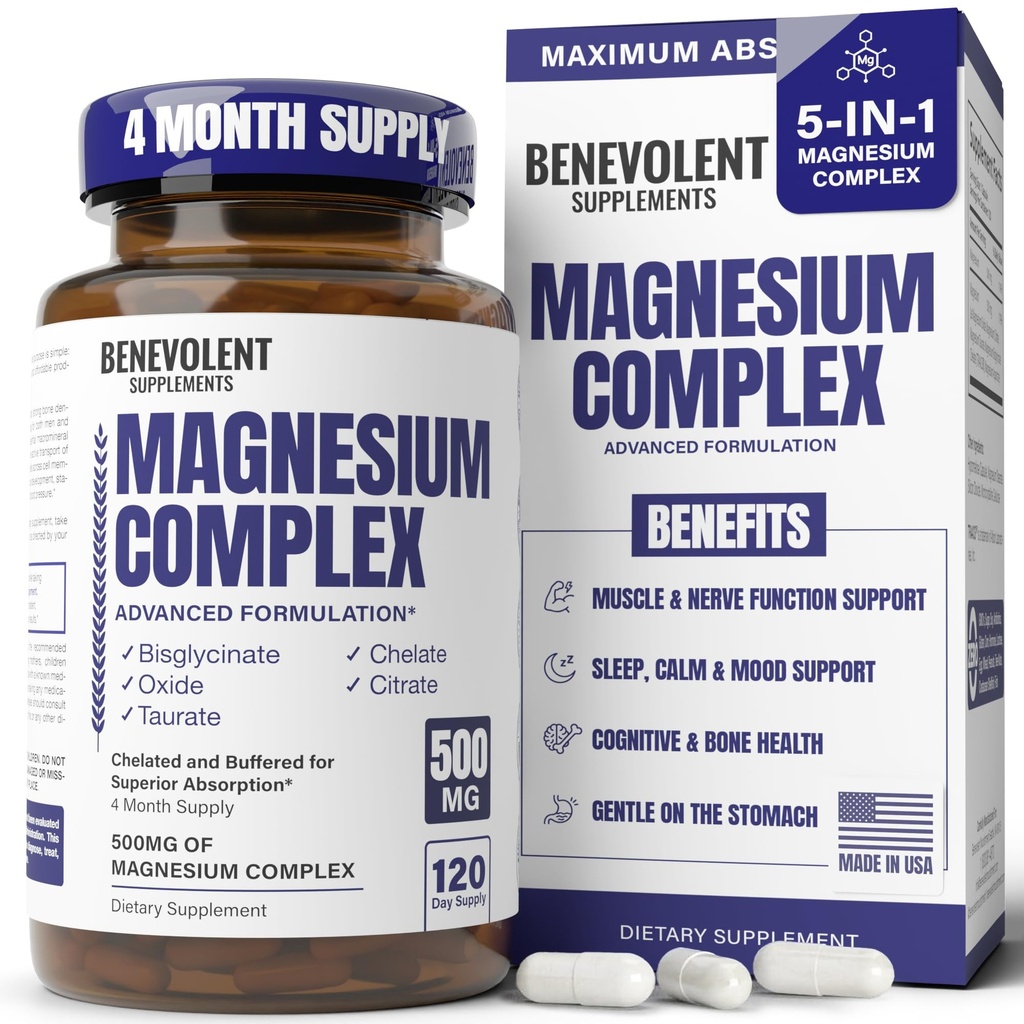 Suplemento Complejo de Magnesio, Suministro de 4 meses de 500mg 5 en-1 Bisglycinate, Oxide, Taurate, Aspartate, Citrate, Max Absorción Suplemento de Magnesio para la calma, cáscara de la pierna del sueño, 120 cápsulas