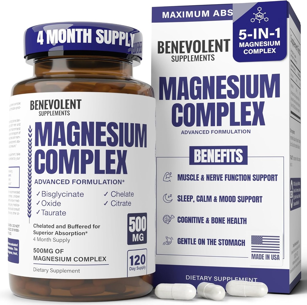 Suplemento Complejo de Magnesio, Suministro de 4 meses de 500mg 5 en-1 Bisglycinate, Oxide, Taurate, Aspartate, Citrate, Max Absorción Suplemento de Magnesio para la calma, cáscara de la pierna del sueño, 120 cápsulas
