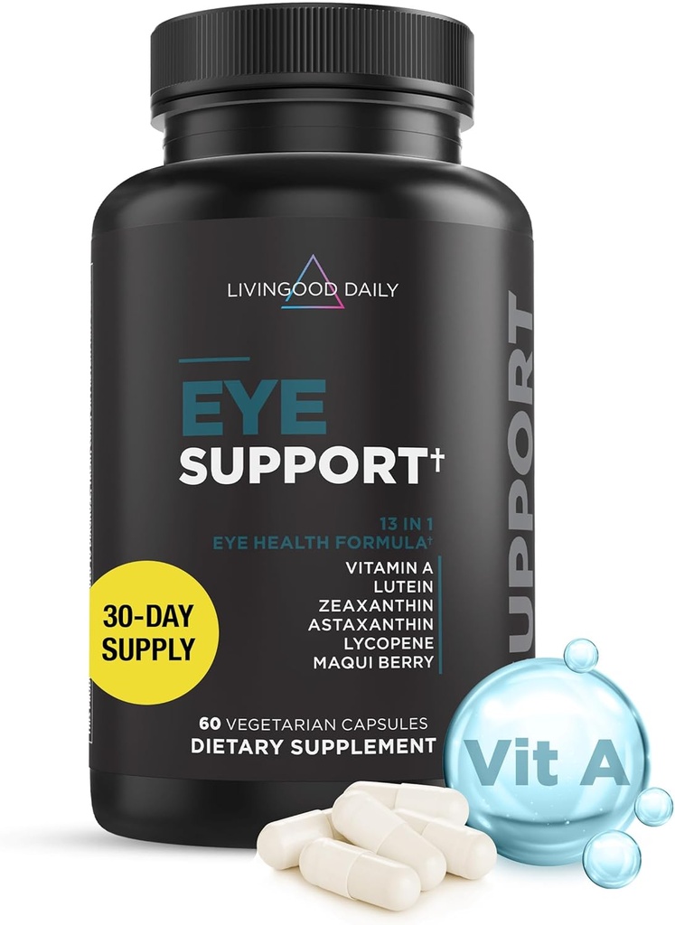 Livingood Daily Eye Support, 13-in-1 Vision Supplement with Lutein, Zeaxanthin, Astaxanthin, Vitamin A, Lycopene, Maqui Berry & More, Promotes Healthy Eyes, Blue Light Protection, Vegan, 60 Capsules