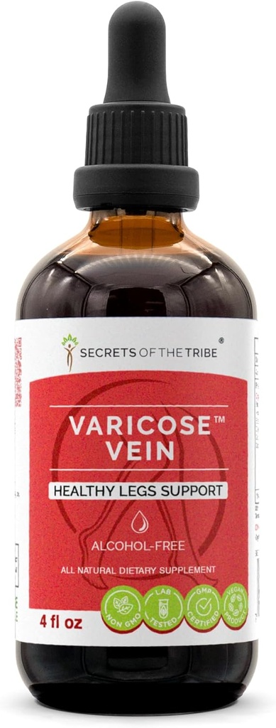 Secrets of the Tribe Varicose Vein Alcohol-Free, Glycerite Butcher's Broom, Horse Chestnut, Bilberry, Cayenne, Gotu Kola, Grape. Tintura, Extracto Herbal Legs saludables Soporte 4 OZ