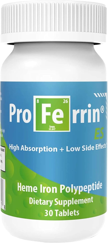 Proferrin ES- 10.5mg de alto Absorbing Heme Iron Polypeptide. Hecho en EE.UU. 30 Tabletas. Fácil en el Gut. No afectado por el café, el calcio o el PPI.