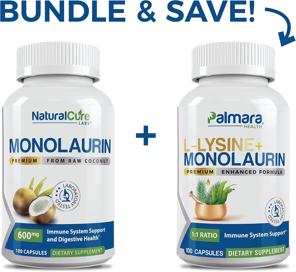 Natural Cure Labs Bundle: Premium Monolaurin 600mg + L-Lysine + Monolaurin 1:1 Ratio