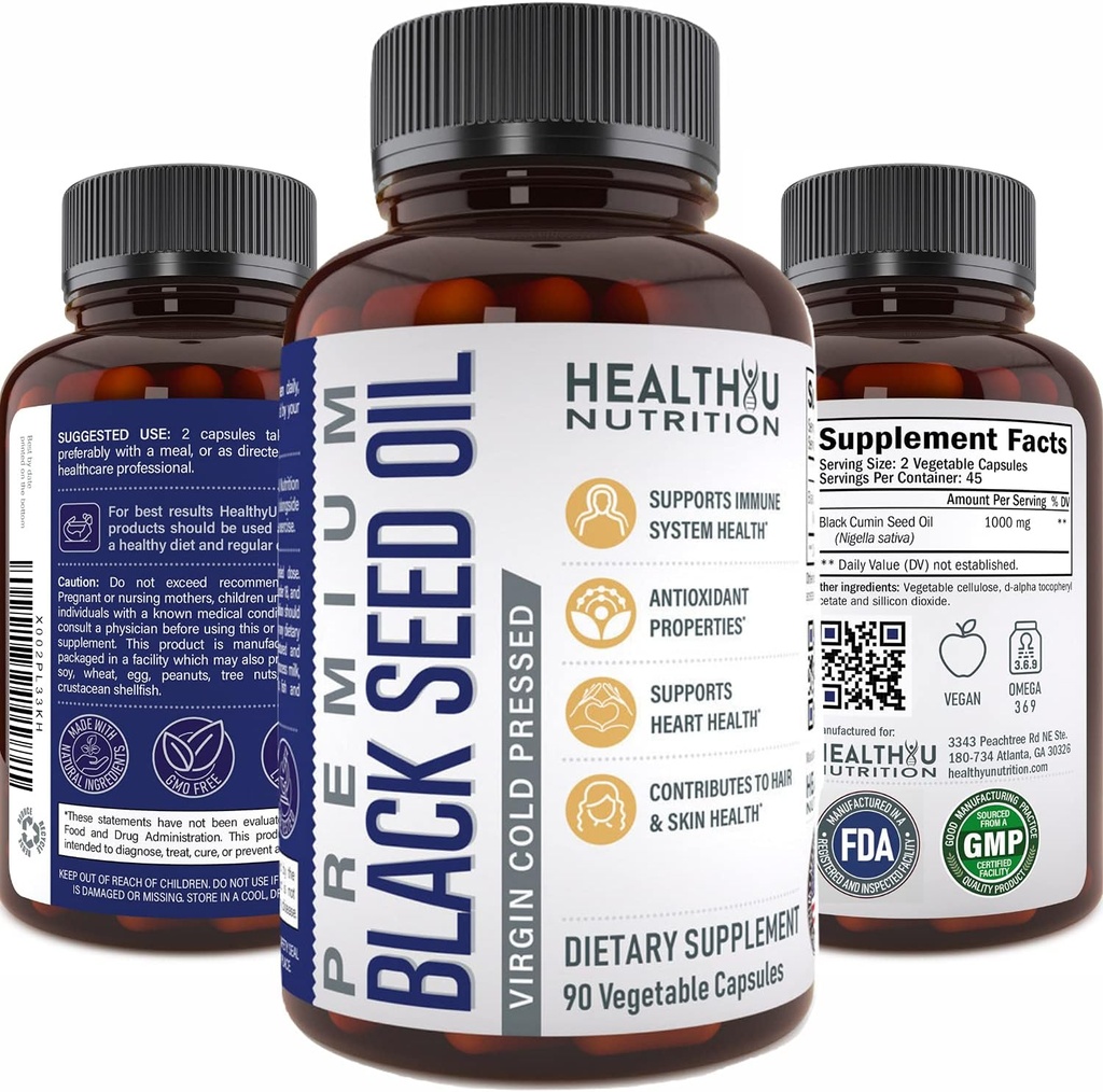 Bombillas de aceite de semilla de Cumino Negro Premium - Vírgenes Frío Presionado Nigella Sativa Black Seed Oil Pills - Immune Support Suplemento - Omega 3 6 9 Vitamina E Blackseed for Nails Hair Skin 1000 mg p/Serving