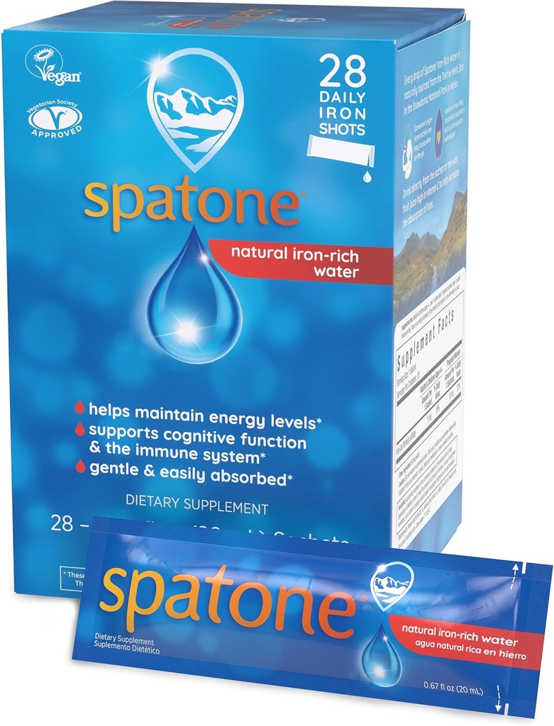 Spatone Natural Liquid Iron Suplemento para Mujer - Hombres &amp; Niños Edades 4+ - Ideal durante el embarazo - Fácilmente Absorbed & Gentle - Vegan - Vegetariano - Original Flavor - 28-Día - 5 mg de Iron Per 20mL Sachet