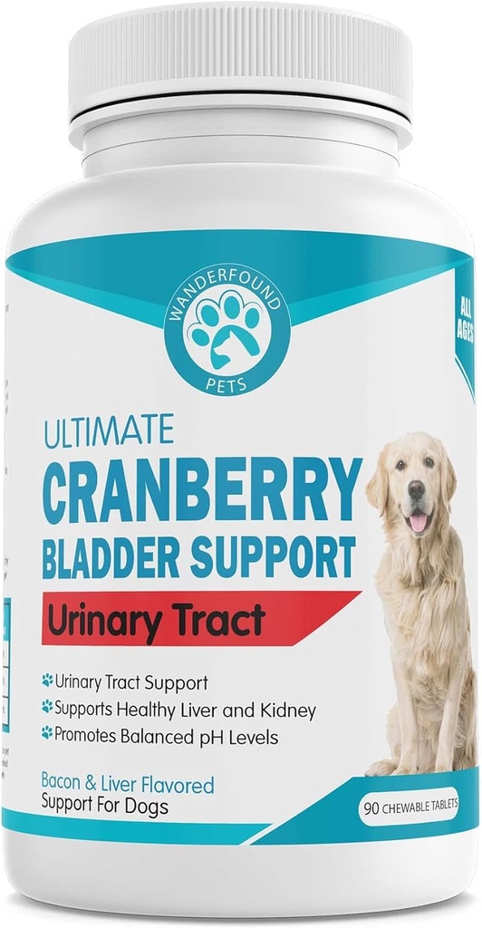Wanderfound Pets Ultimate Cranberry Bladder UTI Support Supplement for Dogs - Dog Urinary Tract Incontinence Formula with Cordyceps Mushroom - Bacon &amp; Liver Flavor - 90 Chewable Tablets