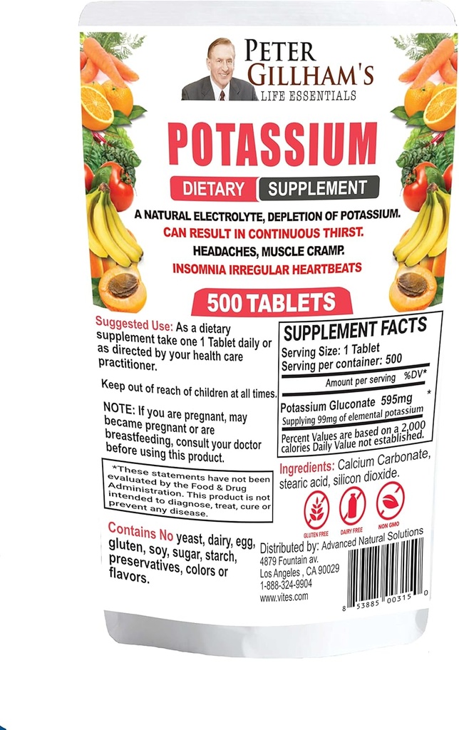 Peter Gillham’s Life Essentials Potassium Gluconate tablets 595mg, 500 Tablets, Support Electrolyte Balance, Made in USA (Package May Vary)