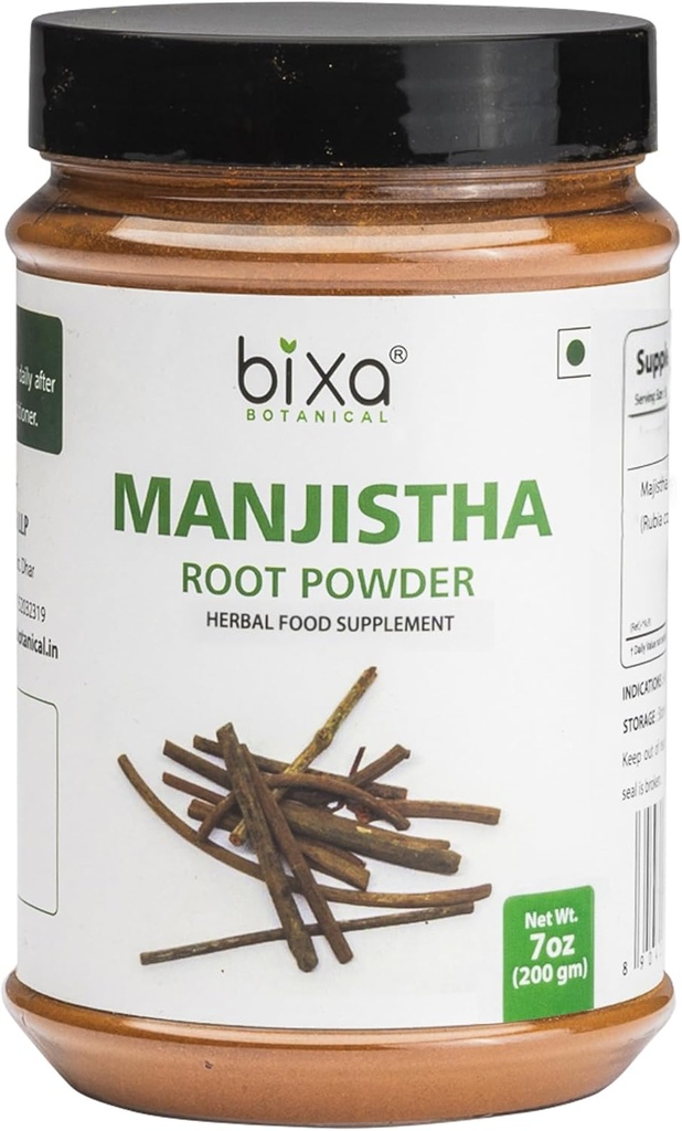 bixa BOTANICAL Manjistha Powder ← Rubia cordifolia  200 Grams / 7 OZ ← Herbal Supplement for Skin & Face Pack TEN Gluten Free, Non-GMO, Steam Treated, Vegan, 100% Pure.