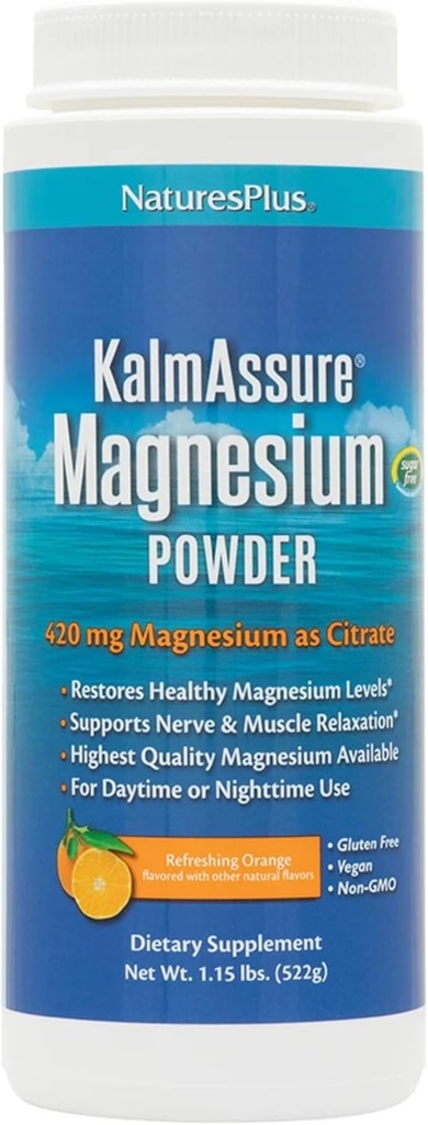 NaturesPlus KalmAssure Magnesium Powder - 1.15 lb - Orange Flavor - Supports Nerve and Muscle Relaxation - Non-GMO, Gluten Free, Vegan - 60 Servings