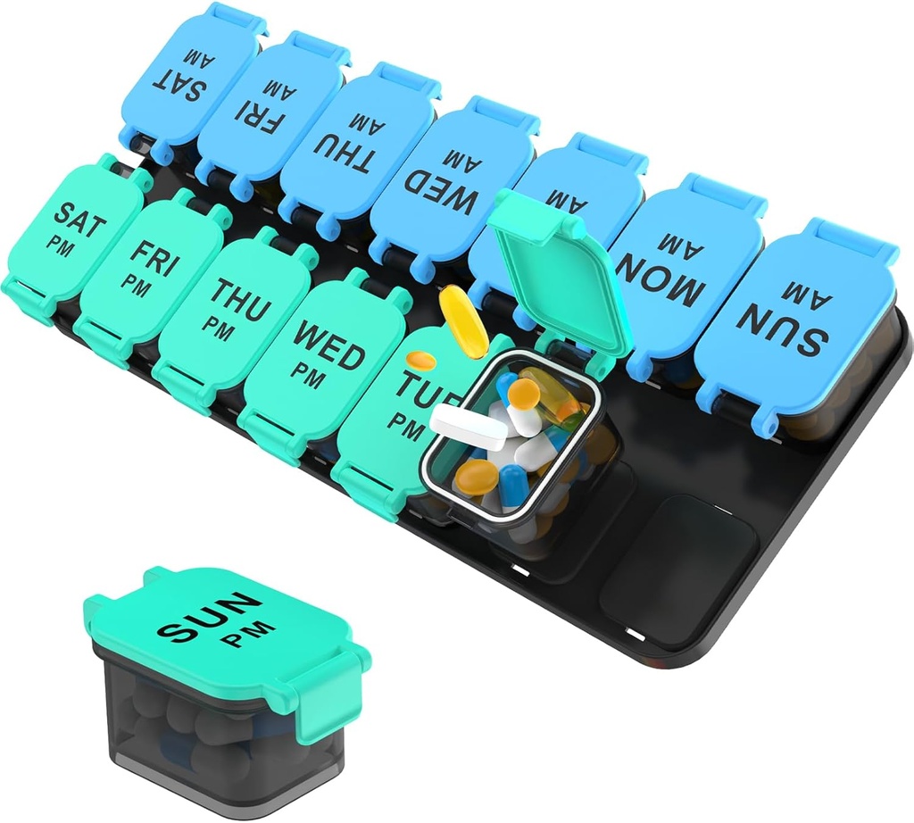 Large 7 Day Pill Organizer, XL AM PM Twice a Day Medicine Storage Box, Big 2 Week Pill Holder for Pills, Vitamins & Supplements, Travel Pill Case for Medication（Blue+Cyan）