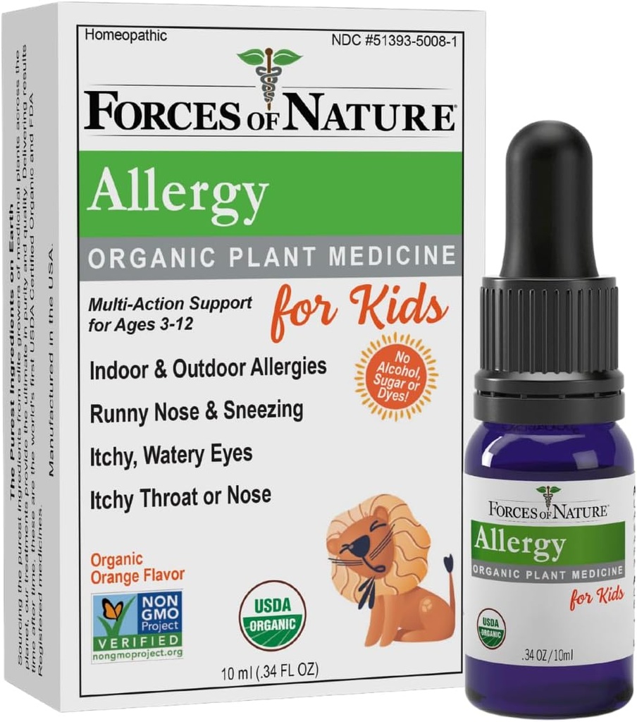 Fuerzas de la Naturaleza Alivio de la Alergia Infantil, Medicina Homeopática Orgánica, Apoyo Inmunitario &amp; Multi Symptom for Ages 3-12, Indoor &amp; Outdoor Alergies, Itchy Eyes, Runny Nose, Sinus Pressure, Non Drowsy