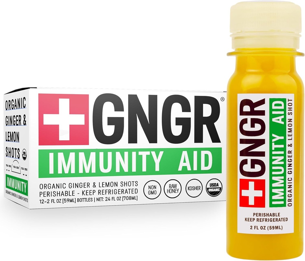 +GNGR Ayuda a la inmunidad Ginger orgánico, Lemon &amp; Honey Shot - Cold Presionado Ginger Zapatos con Echinacea, Lemon Juice, Honey, Zinc &amp; Vitamin D3, Immune &amp; Digestive Support 2 fl oz (Pack of 12)