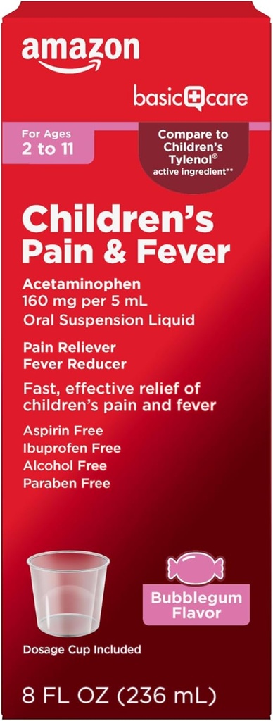 Cuidado básico Dolor infantil y fiebre Suspensión oral líquido, acetaminofeno 160 mg por 5 ml, Bubblegum Flavor, 8 fl oz