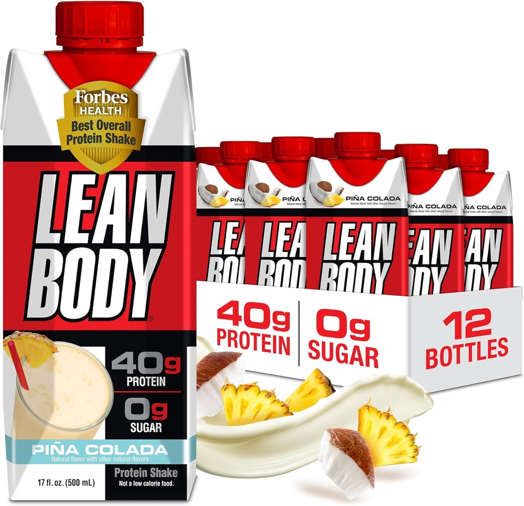 Lean Body Ready-to-Drink Pina Colada Protein Shake, 40g Protein, Whey Blend, 0 Sugar, Gluten Free, 22 Vitaminas & Minerales, 17 Fl Oz (Pack of 12)
