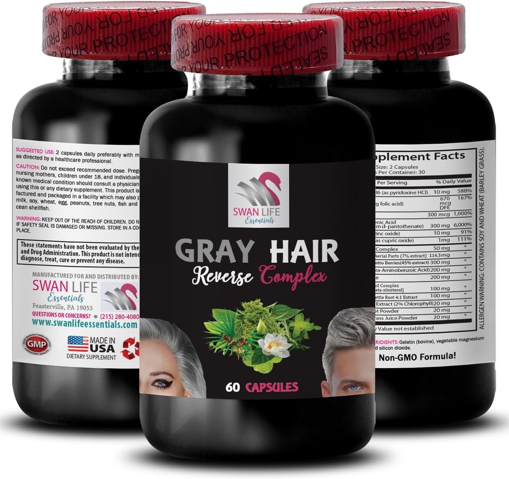 Biotina, mejora del color - GRAY HAIR REVERSE - restaurar la vibración, solución de cuidado del cabello, renovar el color del cabello, restauración del color, mejora del tono del cabello, cabello desafiante de edad, vibrante color del pelo 1Bot 60Caps