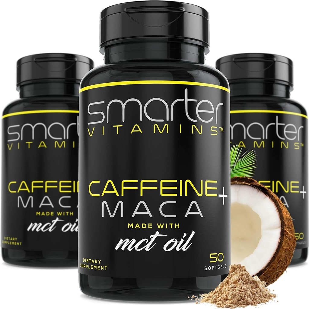 (3 Pack) Píldoras de energía más inteligentes, 200mg Caffeine &amp; Coconut MCT Aceite con Maca Root, 150 Liquid Softgels