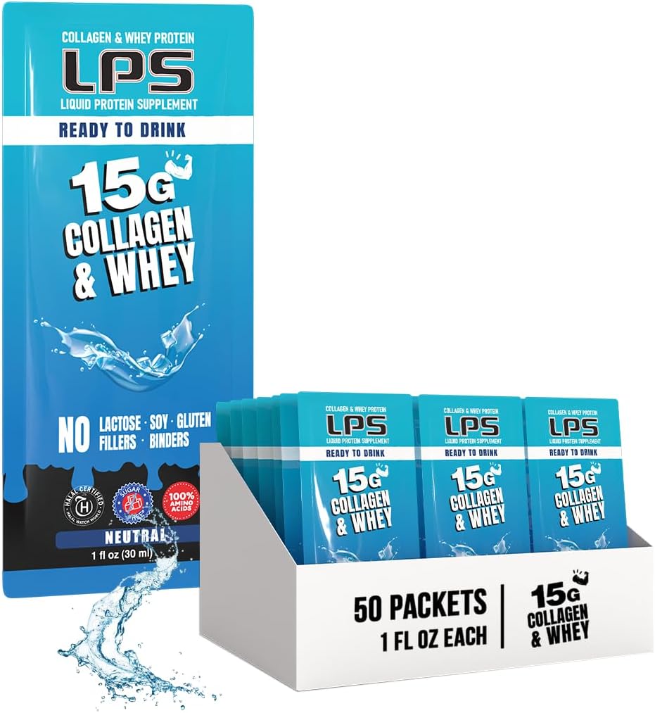LPS Liquid Collagen &amp; Whey Protein Supplement - Non-GMO Drink, Sugar-Free - Promotes Healthy Skin &amp; Hair for Men &amp; Women, Neutral, Single Serve (50 Packets)