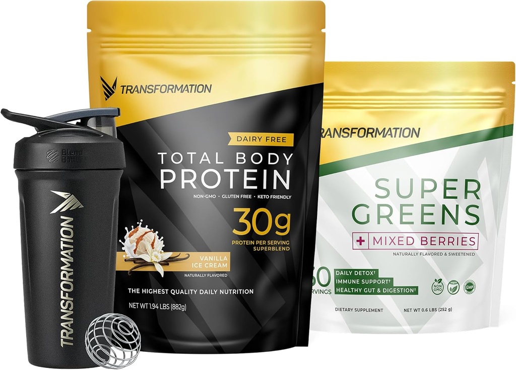 Transformation Vainilla Protein Powder, Super Greens Superfood Green Juice Powder and Performance Insulated Shaker Bottle
