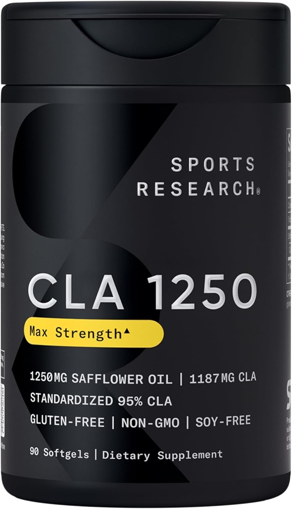 Sports Research CLA - 1250mg con ácido linoléico conjugado activo para hombres y mujeres ← No GMO, Soy &amp; Gluten Gratis - 95% (90 Softgels)