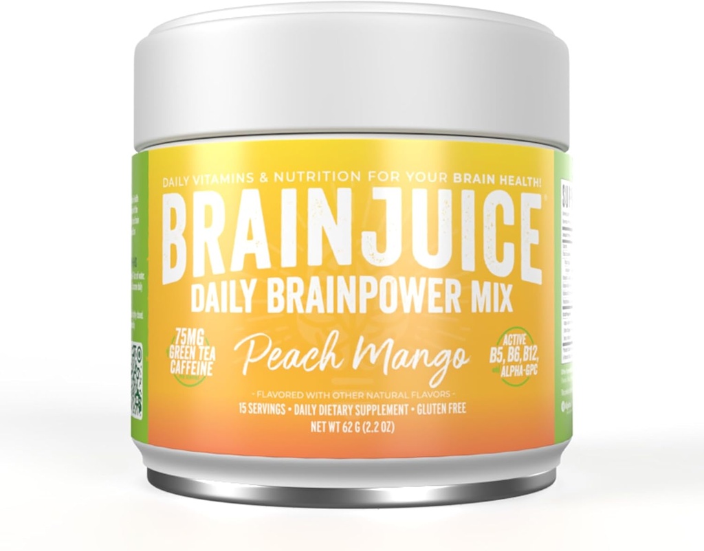 BrainJuice Nootropics Brain Support Supplement, Gluten Free Powder for Energy and Focus, Drink Mix with L Theanine, Alpha GPC, Vitamin B, Organic Green Tea Extract Caffeine, Peach Mango, 15 Servings
