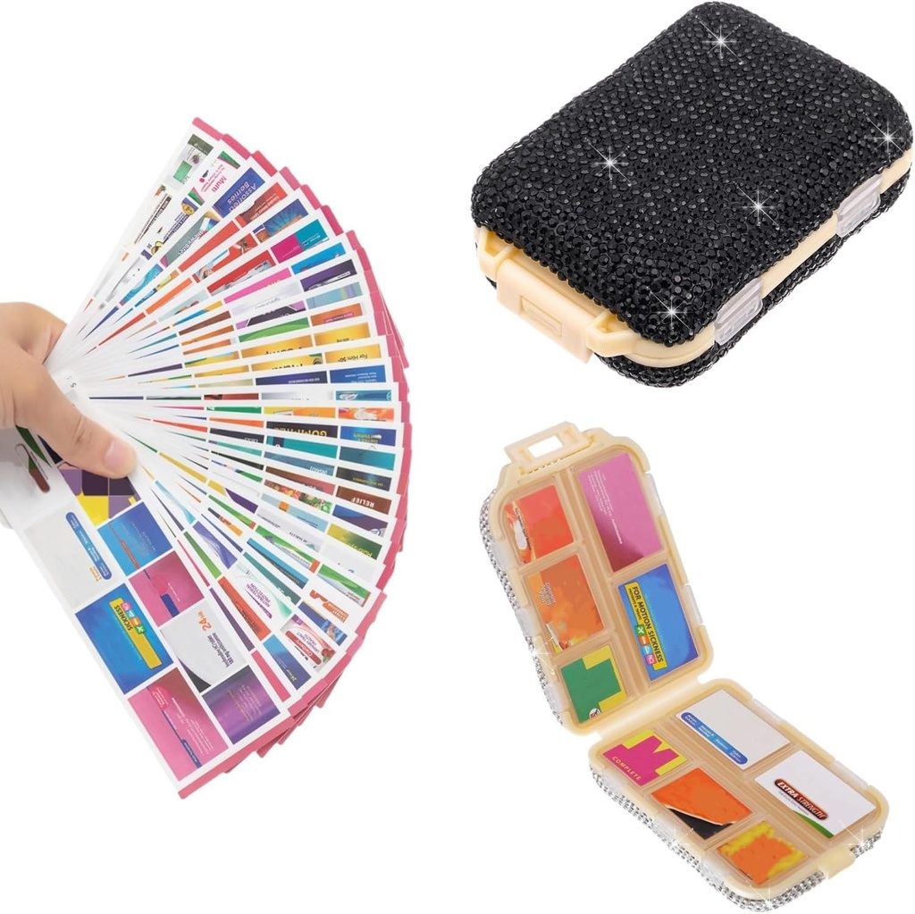 Caso de viaje con etiquetas Bling Portable Pill Container Mini Pill Box for Purse Small Medicine Organizer Holder for Supplement Vitamin Medication Women (Black & 300 Labels)