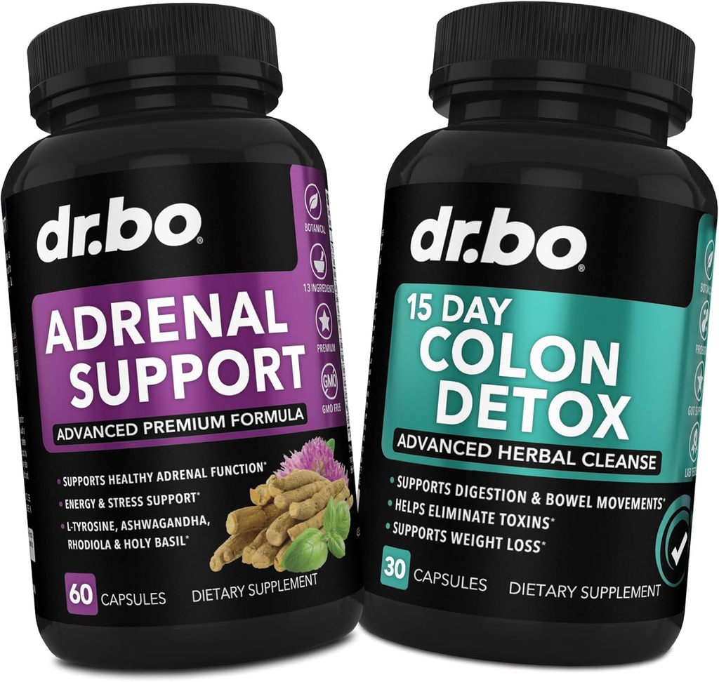 DR. BO Apoyo Adrenal " Suplementos de limpieza de colon - Suplemento de Fatiga Adrenal con Ashwagandha " L Tyrosine - 15 días píldoras de limpieza intestinal para el movimiento de Bowel Apoyo " Limpiador de estómago