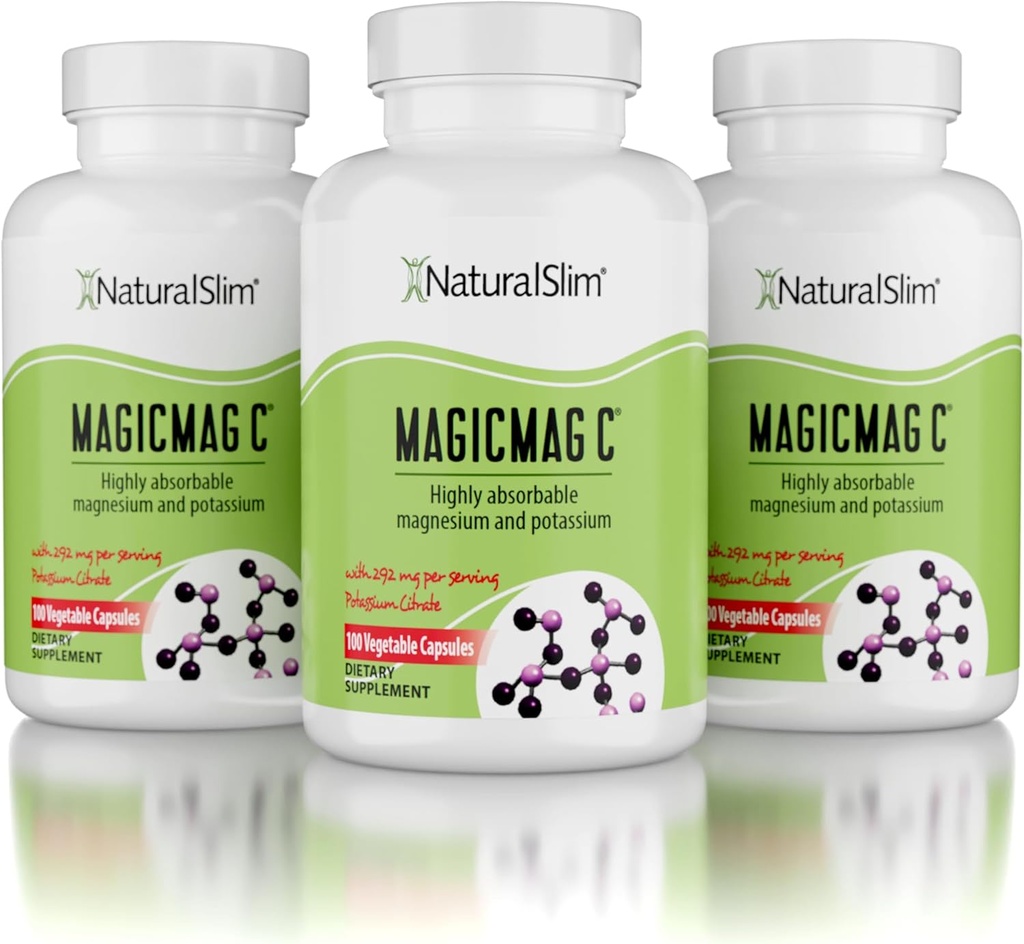 MagicMag C de NaturalSlim, Citrate de Magnesio con Potasio para Relajación muscular, Calidad del sueño, Función del nervio " Soporte de electrolitos, Suplemento de magnesio diario para hombres y mujeres, 100 cápsulas 3pk