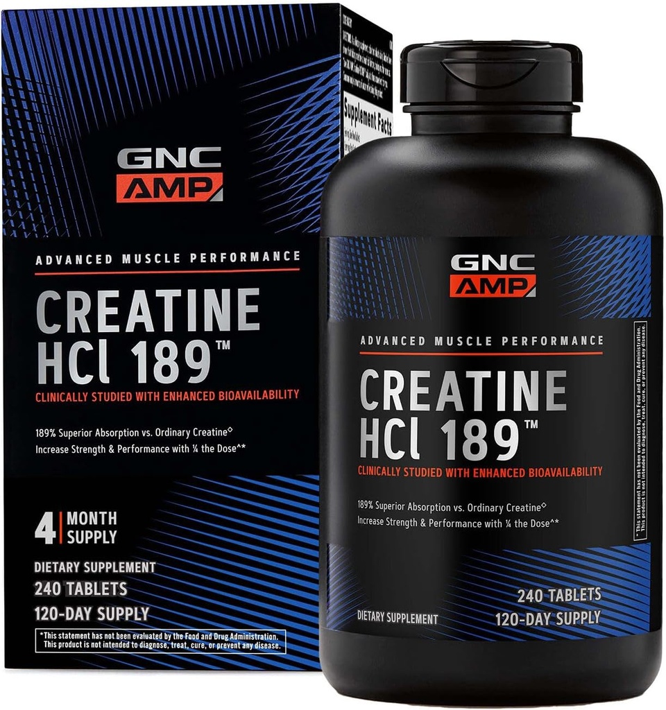 GNC AMP Creatina HCl 189 Píldoras, Clínicamente Probada Estrégica &amp; Muscle Builder, Rendimiento Atlético, Producción Energética, Suplemento de Recuperación, Absorbing rápido, Fórmula libre de gluten, 120 Servimientos